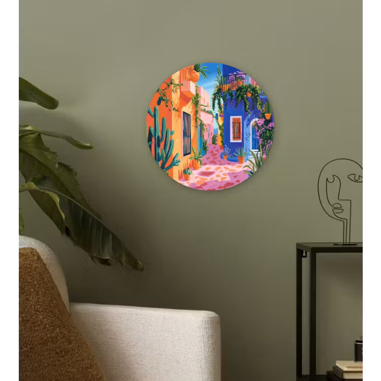 Geel - Blauw - Oranje - Huis Wandcirkel plexiglas klein -sfeer3
