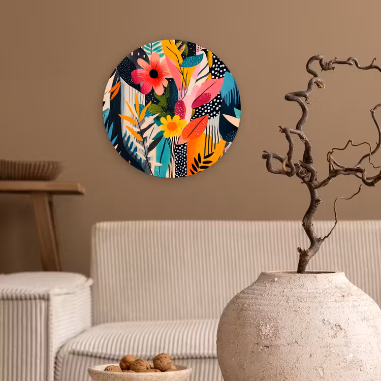 Schilderij - Abstract - Bloemen - Roze Wandcirkel plexiglas klein -sfeer1
