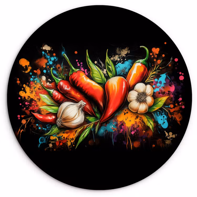 Groente - Peper - Knoflook - Graffiti - Verf - Kleurrijk Wandcirkel plexiglas klein -3d