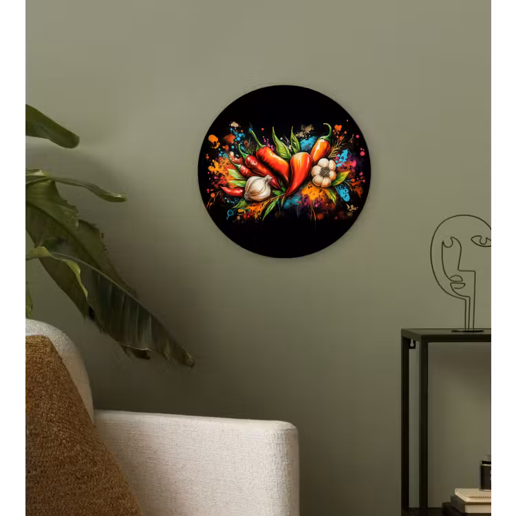 Groente - Peper - Knoflook - Graffiti - Verf - Kleurrijk Wandcirkel plexiglas klein -sfeer3