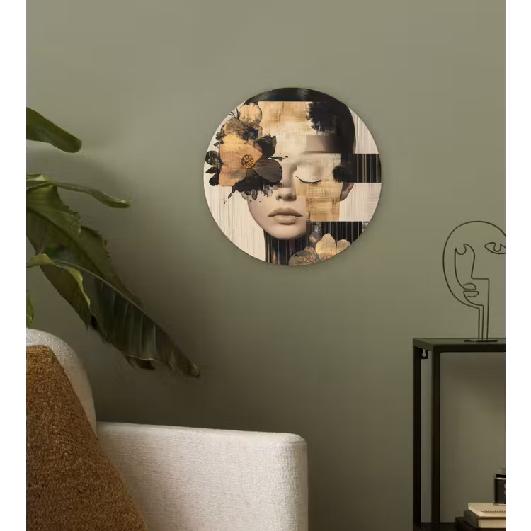 Gezicht - Bloemen - Zwart - Vrouw Wandcirkel plexiglas klein -sfeer3