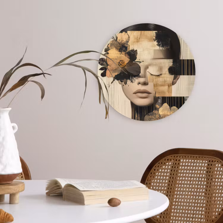 Gezicht - Bloemen - Zwart - Vrouw Wandcirkel plexiglas klein -sfeer4