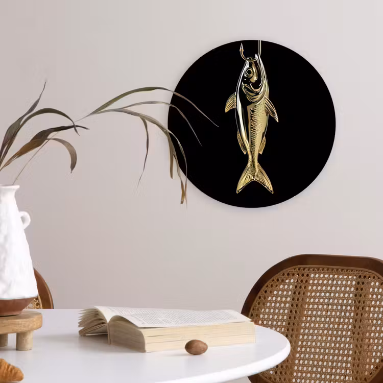Goud - Vis - Haak - Zwart Wandcirkel plexiglas klein -sfeer4