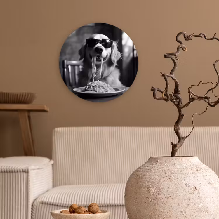 Golden Retriever - Hond - Vrolijk - Bord spaghetti - Zwart - wit Wandcirkel plexiglas klein -sfeer1