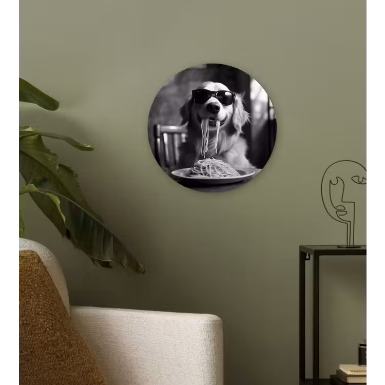 Golden Retriever - Hond - Vrolijk - Bord spaghetti - Zwart - wit Wandcirkel plexiglas klein -sfeer3