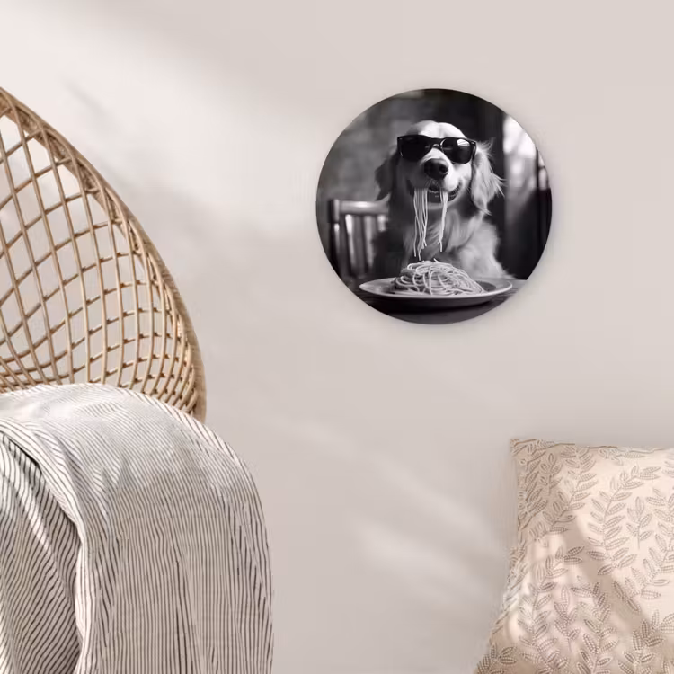 Golden Retriever - Hond - Vrolijk - Bord spaghetti - Zwart - wit Wandcirkel plexiglas klein -sfeer5