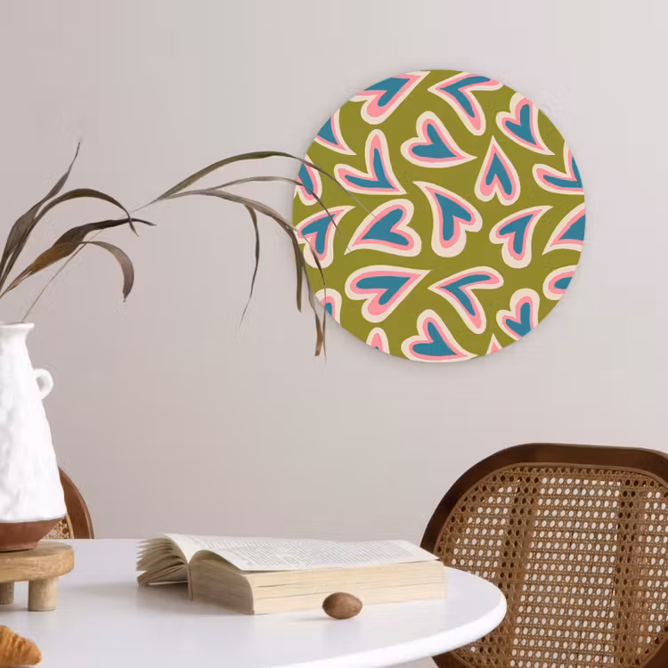 Groen - Retro - Hartjes - Patroon Wandcirkel plexiglas klein 852 -sfeer4
