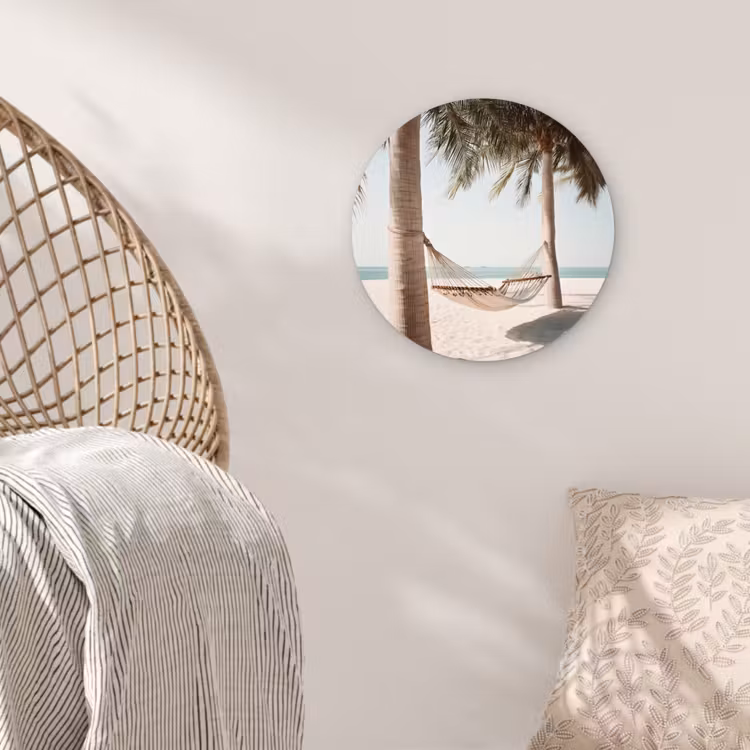 Hangmat - Palmbomen - Strand - Zee Wandcirkel plexiglas klein -sfeer5