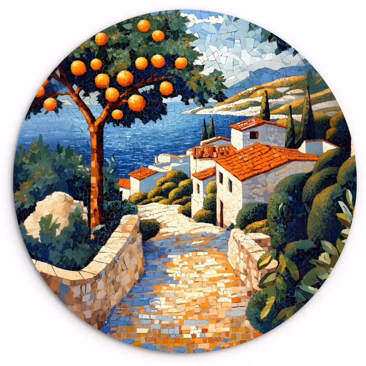 Huizen - Mozaïek - Sinaasappelbomen - Zee Wandcirkel plexiglas klein -3d