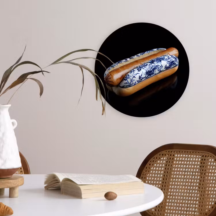 Hotdog - Porselein - Delfts blauw - Eten Wandcirkel plexiglas klein -sfeer4