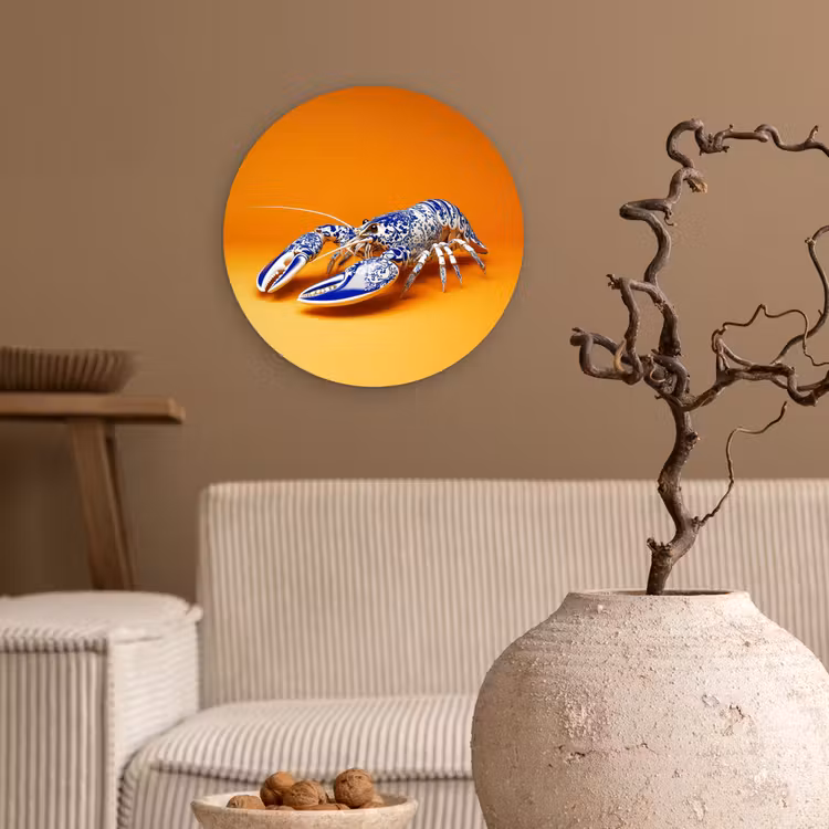 Kreeft - Delftsblauw - Schild - Stoer - Oranje Wandcirkel plexiglas klein -sfeer1