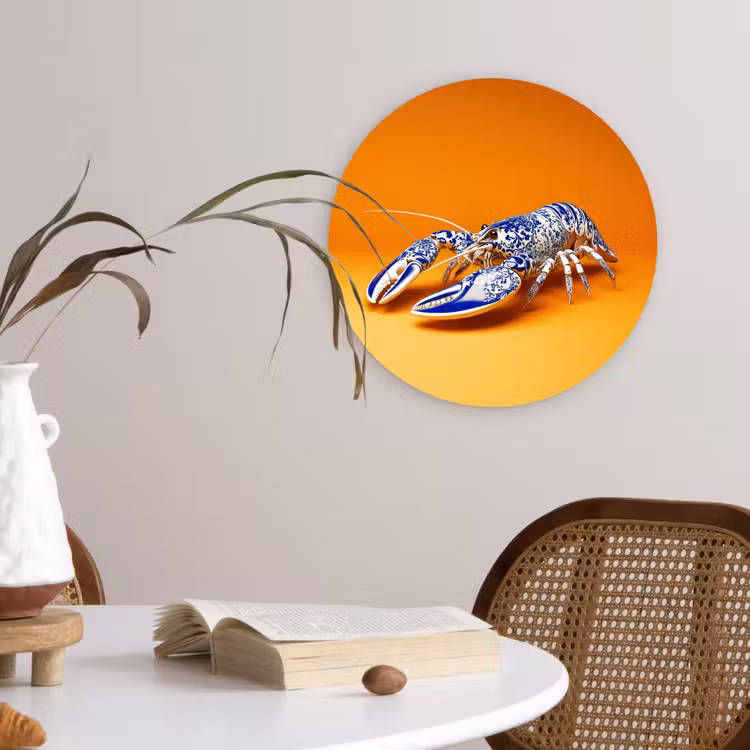 Kreeft - Delftsblauw - Schild - Stoer - Oranje Wandcirkel plexiglas klein -sfeer4
