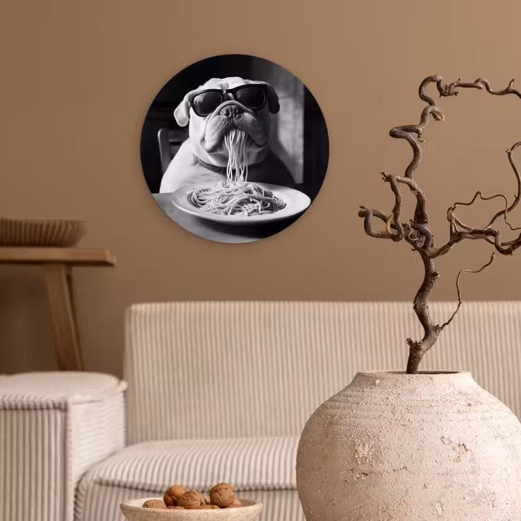 Hond - Bulldog - Pasta - Bril - Stoer - Dieren Wandcirkel plexiglas klein -sfeer1