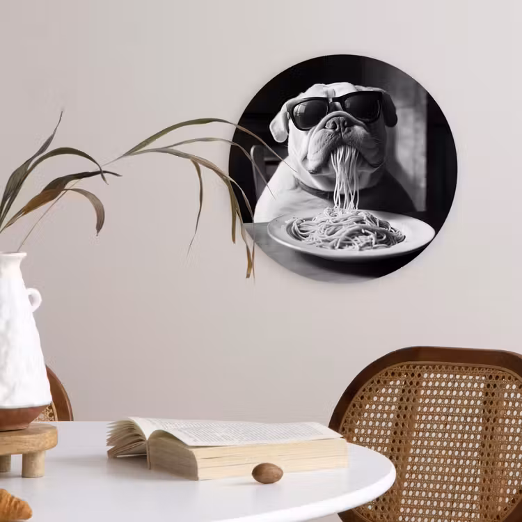 Hond - Bulldog - Pasta - Bril - Stoer - Dieren Wandcirkel plexiglas klein -sfeer4