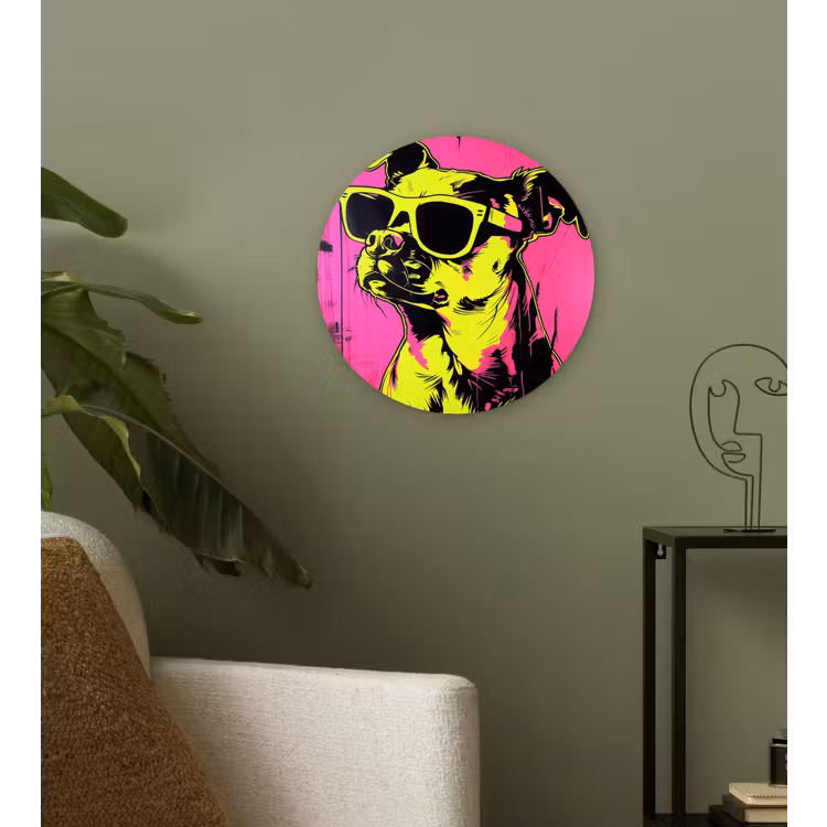 Hond - Zonnebril - Roze - Art Wandcirkel plexiglas klein -sfeer3