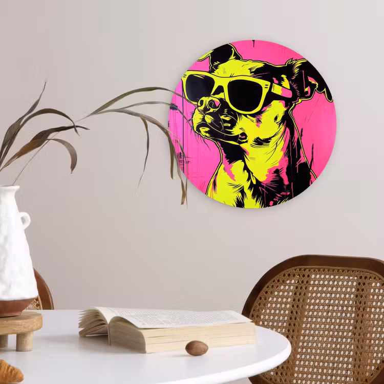 Hond - Zonnebril - Roze - Art Wandcirkel plexiglas klein -sfeer4