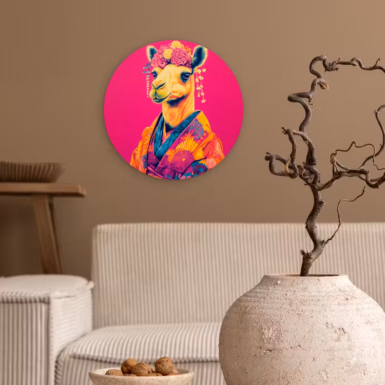 Kameel - Bloemen - Kimono - Waaiers Wandcirkel plexiglas klein -sfeer1