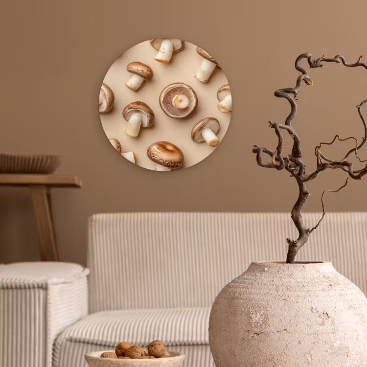 Kastanje Champignons - Beige Wandcirkel plexiglas klein -sfeer1