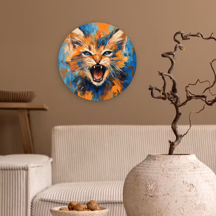 Kat - Kleurrijk - Oranje - Blauw Wandcirkel plexiglas klein -sfeer1