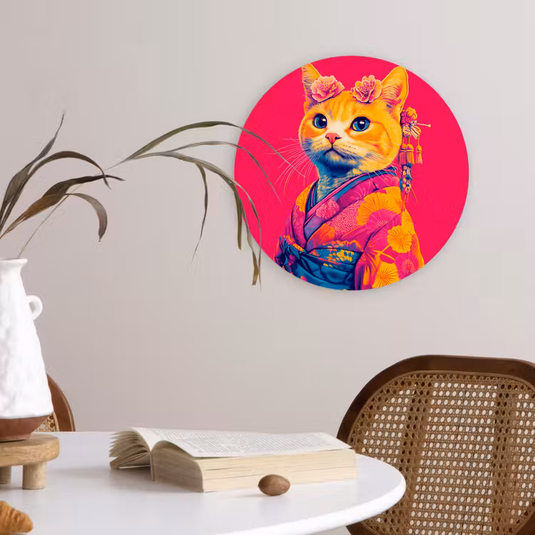 Kat - Kimono - Bloemen - Roze Wandcirkel plexiglas klein -sfeer4