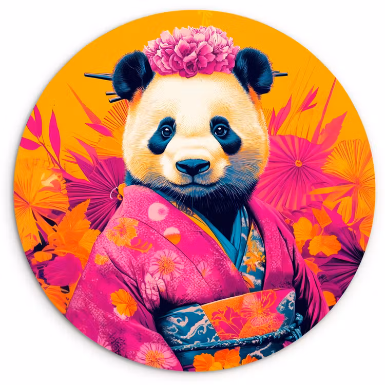 Kimono - Roze - Panda - Bloemenkroon Wandcirkel plexiglas klein -3d