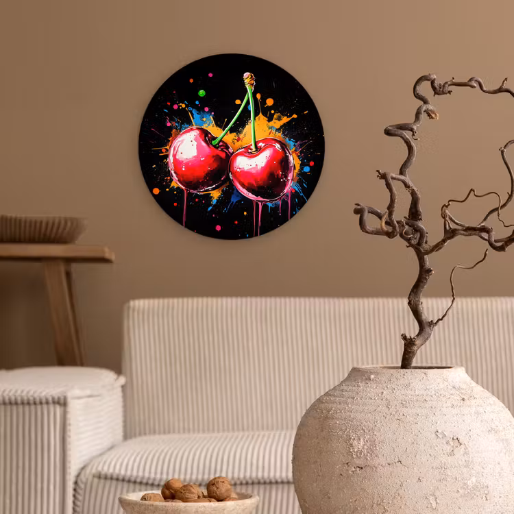 Kersen - Fruit - Graffiti - Verf - Abstract - Modern - Kleurrijk Wandcirkel plexiglas klein -sfeer1
