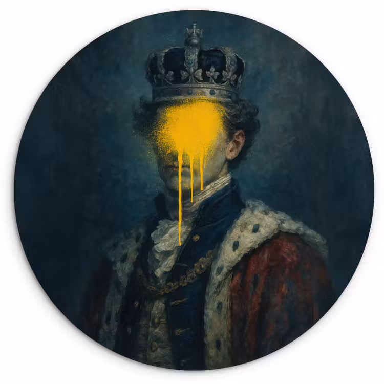 Koning - Portret - Druipende gele verf Wandcirkel plexiglas klein -3d