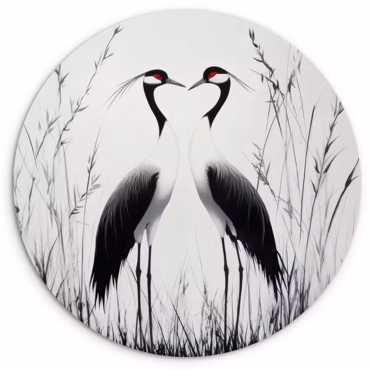Kraanvogels - Gras - Hartvorm - Zwart Wandcirkel plexiglas klein -3d