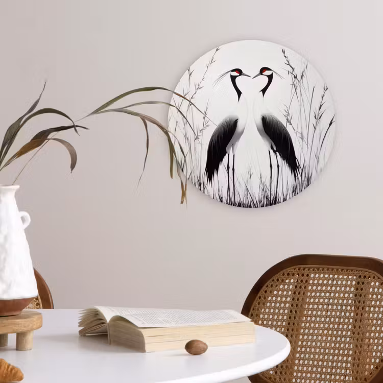 Kraanvogels - Gras - Hartvorm - Zwart Wandcirkel plexiglas klein -sfeer4
