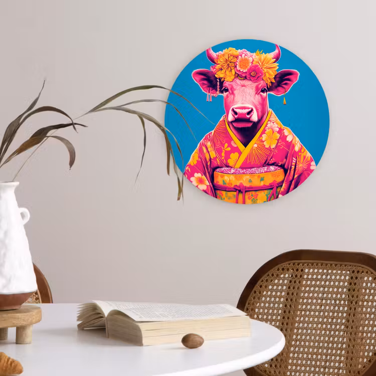 Koe - Bloemenkrans - Oorhangers - Kimono Wandcirkel plexiglas klein -sfeer4