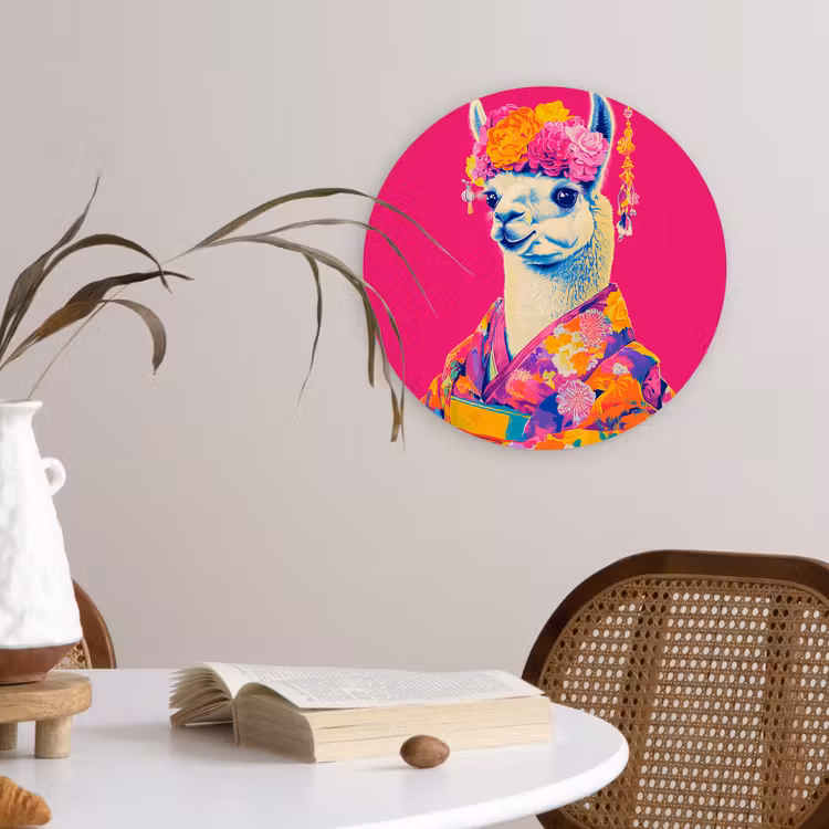 Lama - Kimono - Bloemenkrans - Felroze Wandcirkel plexiglas klein -sfeer4