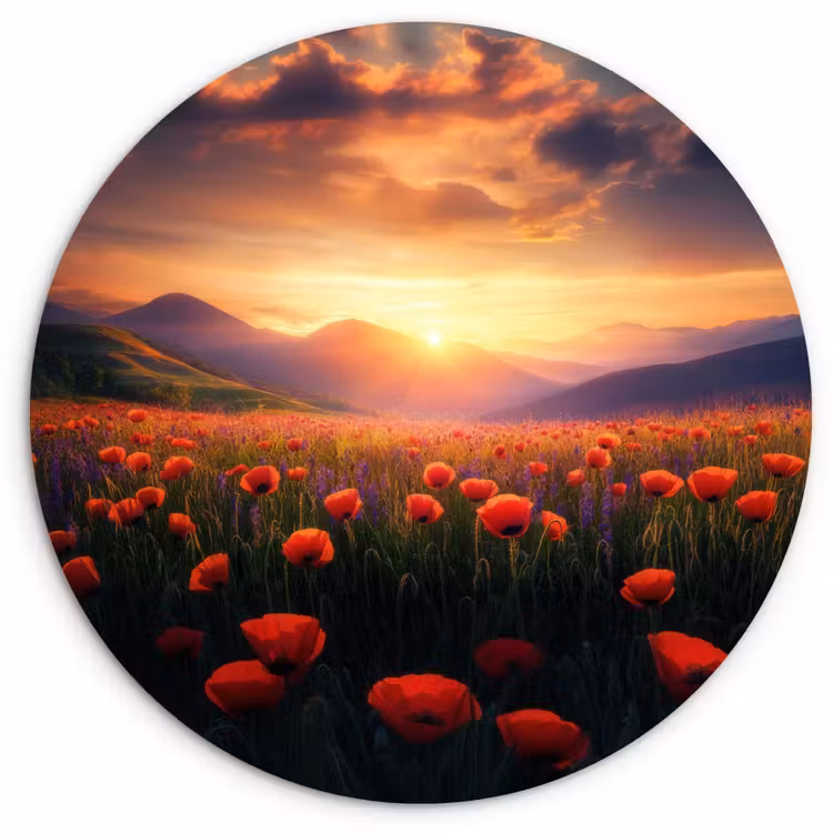Landschap - Zonsondergang - Bloemenveld Wandcirkel plexiglas klein -3d