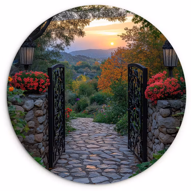 Landschap - Hek - Pad - Zonsondergang - Natuur Wandcirkel plexiglas klein -3d