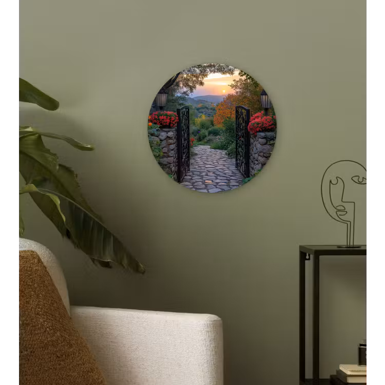 Landschap - Hek - Pad - Zonsondergang - Natuur Wandcirkel plexiglas klein -sfeer3