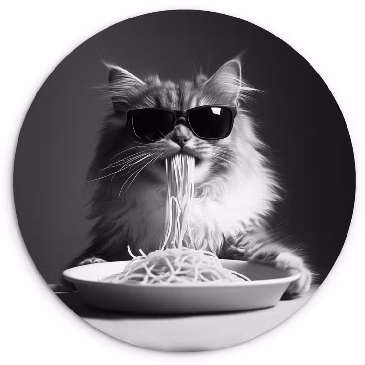 Langharige kat - Zonnebril - Spaghetti - Humor - Zwart - wit Wandcirkel plexiglas klein -3d