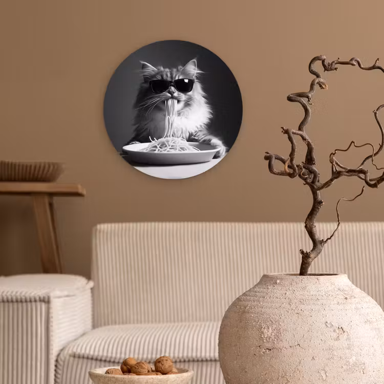 Langharige kat - Zonnebril - Spaghetti - Humor - Zwart - wit Wandcirkel plexiglas klein -sfeer1