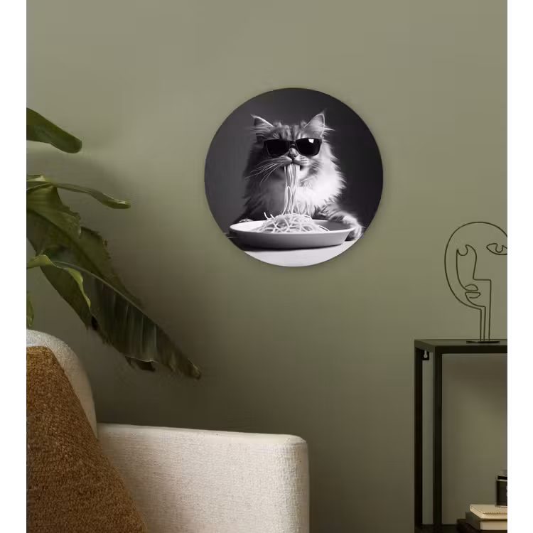 Langharige kat - Zonnebril - Spaghetti - Humor - Zwart - wit Wandcirkel plexiglas klein -sfeer3
