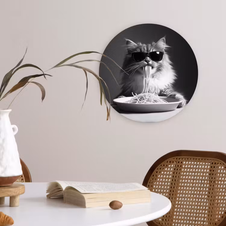 Langharige kat - Zonnebril - Spaghetti - Humor - Zwart - wit Wandcirkel plexiglas klein -sfeer4