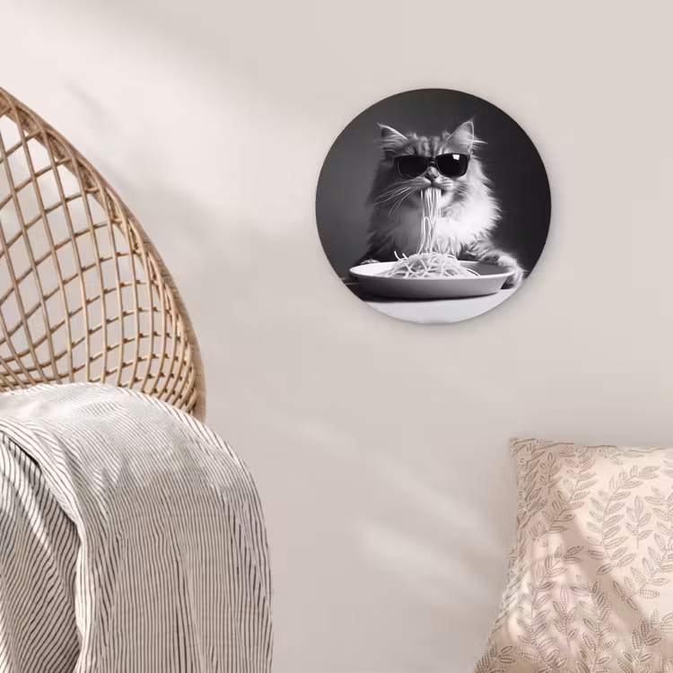 Langharige kat - Zonnebril - Spaghetti - Humor - Zwart - wit Wandcirkel plexiglas klein -sfeer5