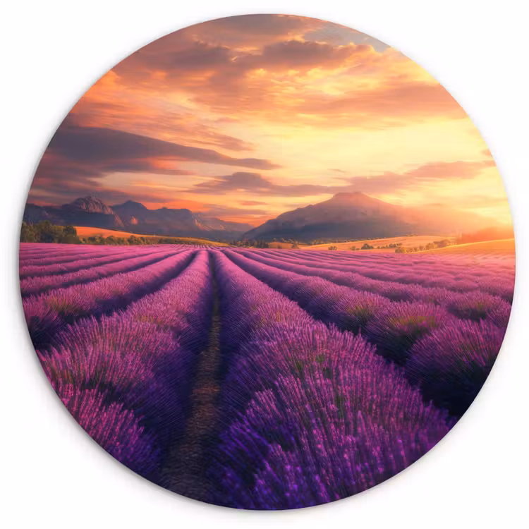 Lavendelveld - Zonsondergang - Paars Wandcirkel plexiglas klein -3d