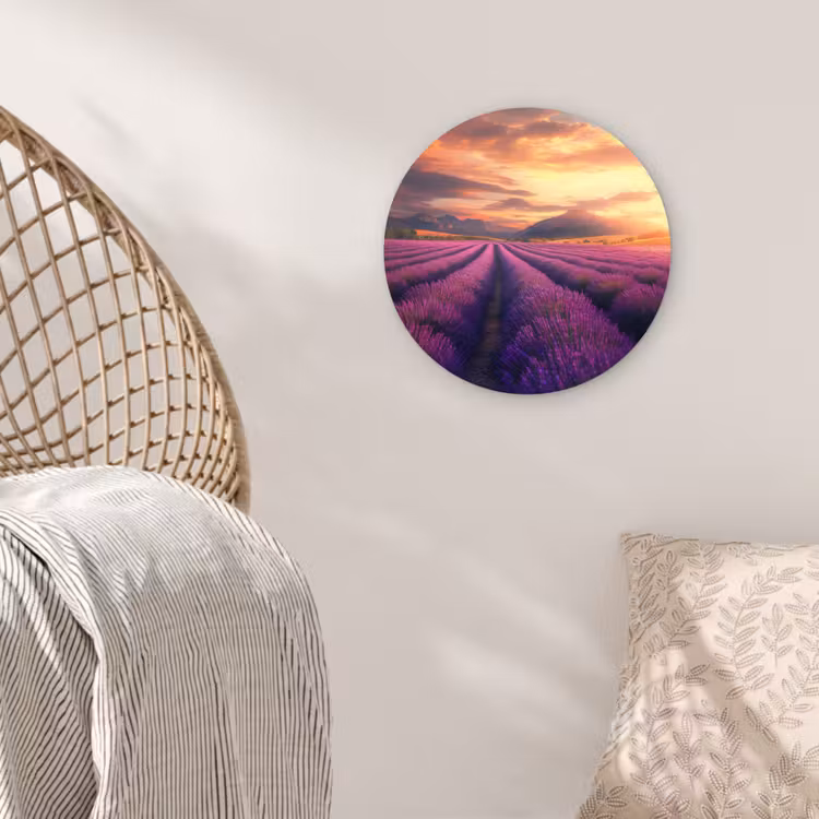 Lavendelveld - Zonsondergang - Paars Wandcirkel plexiglas klein -sfeer5