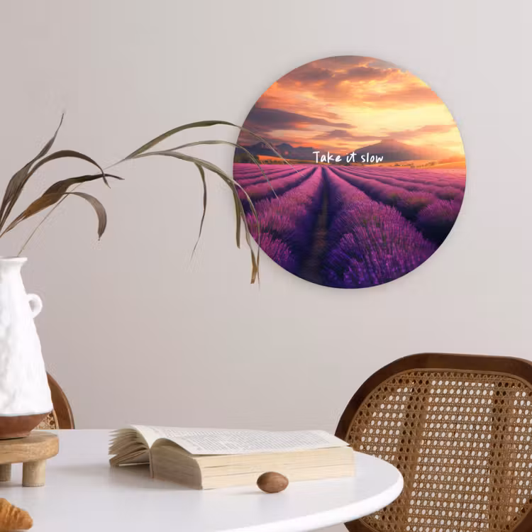 Lavendelveld - Quote - Zonsondergang Wandcirkel plexiglas klein -sfeer4