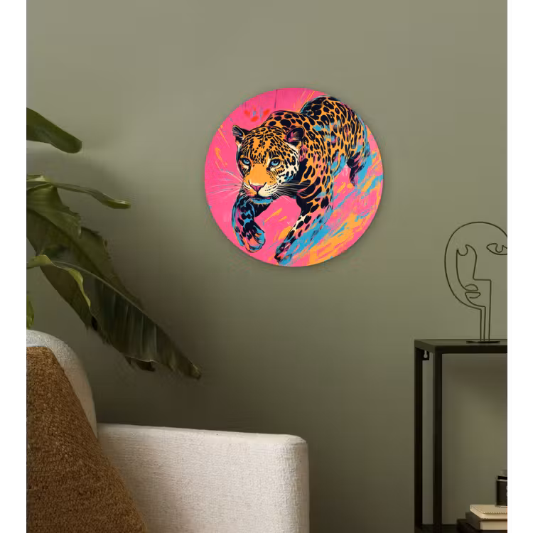 Luipaard - Roze - Oranje - Blauw - Verf Wandcirkel plexiglas klein -sfeer3