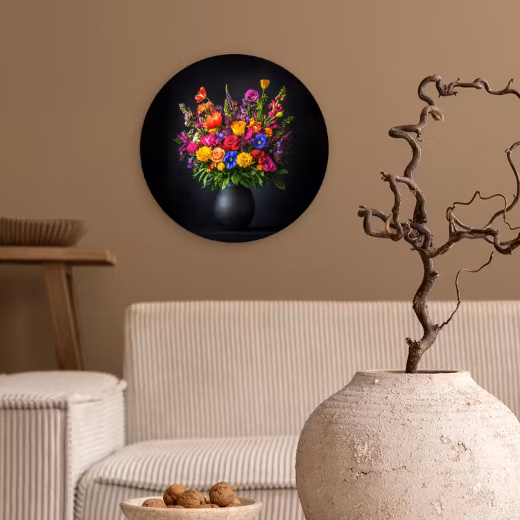 Felgekleurd - Bloemen - Vaas Wandcirkel plexiglas klein -sfeer1