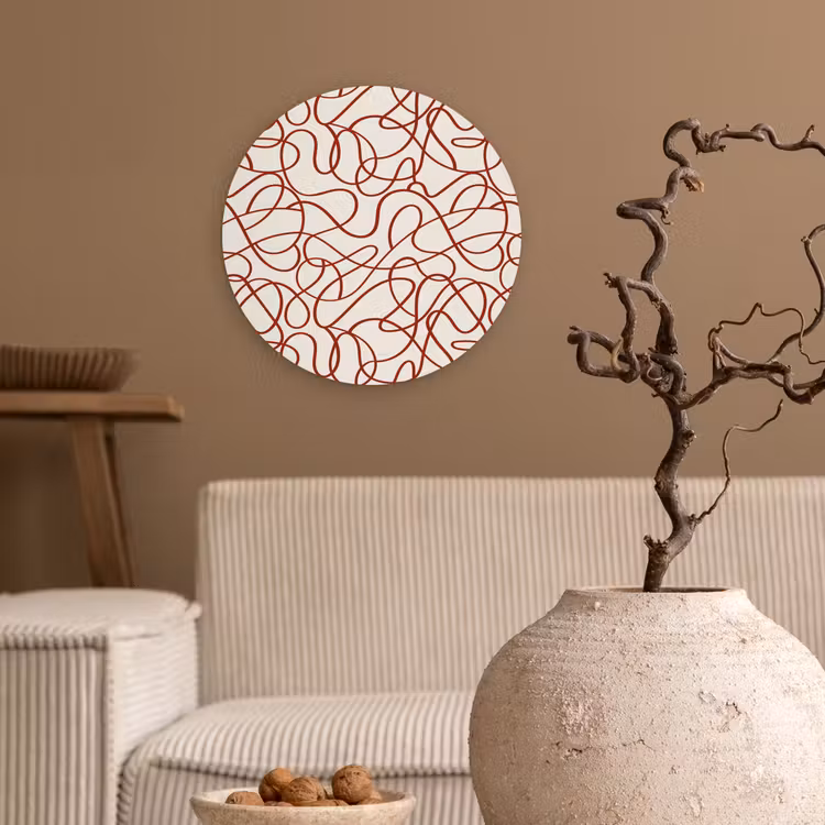 Lijnen - Abstract - Rood - Beige Wandcirkel plexiglas klein 852 -sfeer1