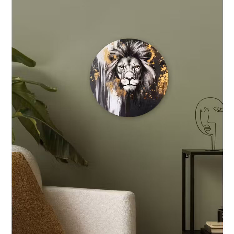 Leeuw - Portret - Verfspatten - Grijs Wandcirkel plexiglas klein -sfeer3