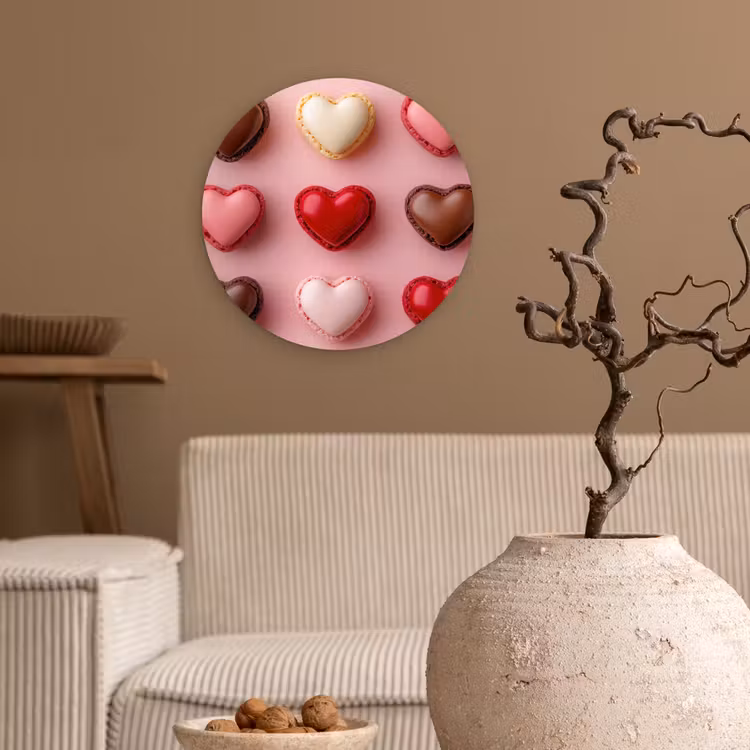 Macarons - Hartjes - Kleurrijk - Roze Wandcirkel plexiglas klein -sfeer1