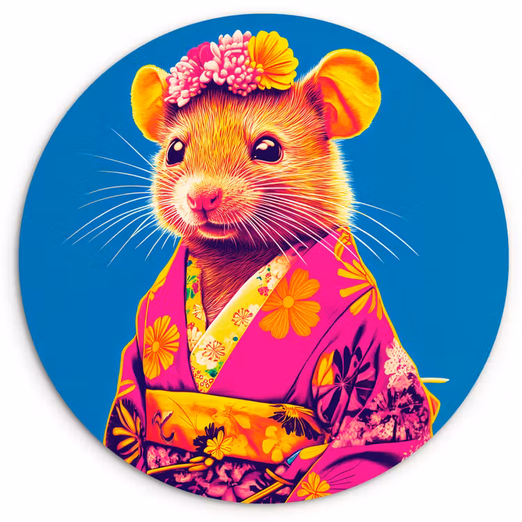 Muis - Kimono - Bloemen - Blauw Wandcirkel plexiglas klein -3d
