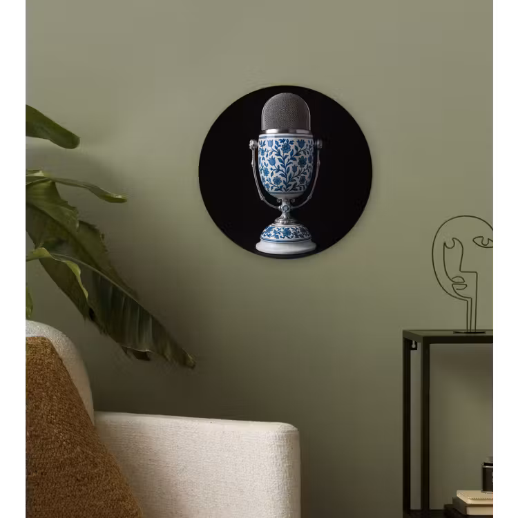 Microfoon - Delfts blauw - Muziek Wandcirkel plexiglas klein -sfeer3