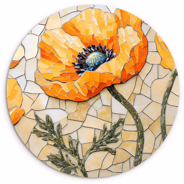 Klaprozen - Oranje - Mozaïek - Bladeren Wandcirkel plexiglas klein -3d